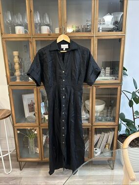 Cleobella 100% Linen Black Button-Front Shirt Dress
